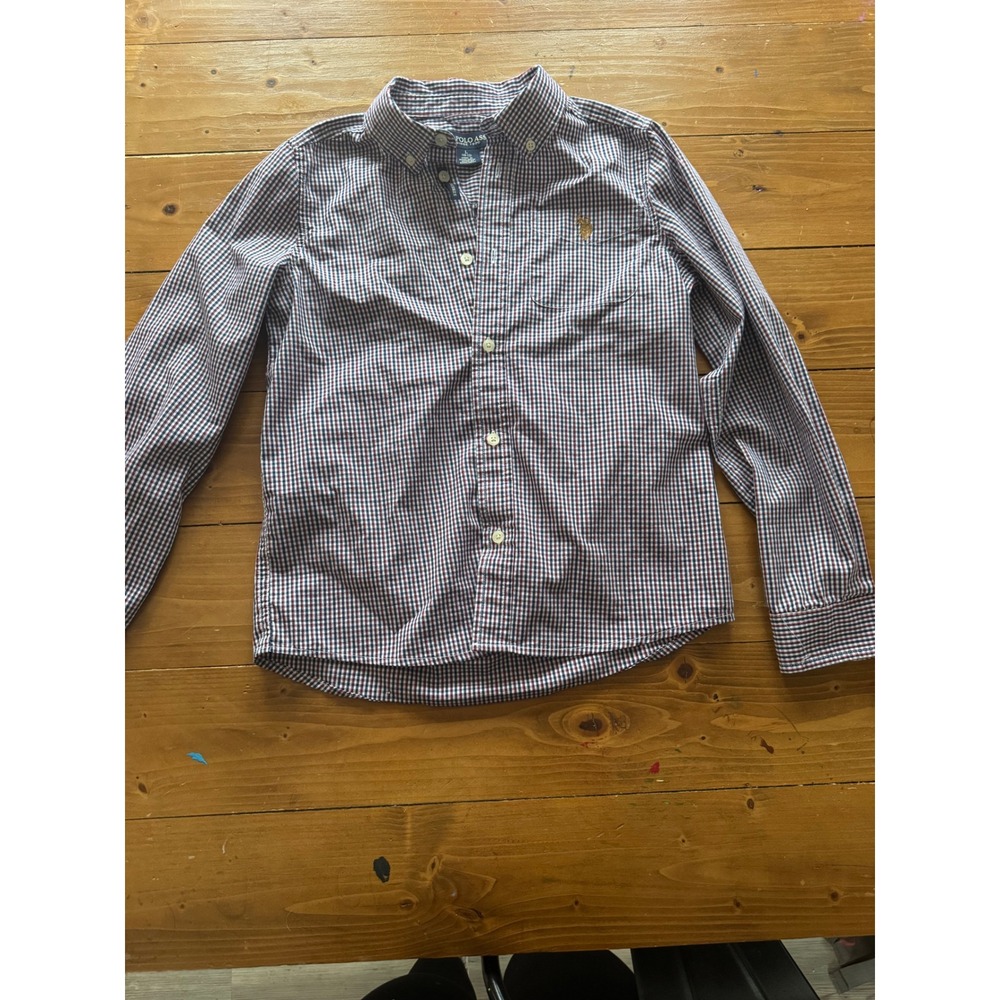 US Polo Assn Boys Gingham Button Down Shirt Red White Blue Long Sleeve L 10-12